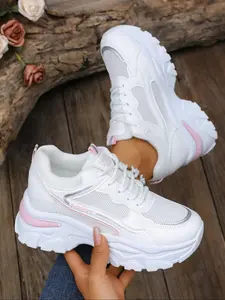 Women's new fashionable athleisure lace-up sneakers, breathable uppers with comfortable design, platform heightened height with jeans and short skirts, suitable for daily casual and commuting wear, gifts and back-to-school season best choice, Sports Shoes