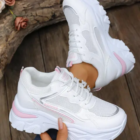 Women's Athleisure Lace-Up Sneakers, Textile Sneakers, Casual Athletic Sneaker, Breathable Uppers with Comfortable Platform Height Design, Pair with Jeans & Skirts, Suitable for Daily Casual, Commuting, Sports & Walking Shoes Footwear