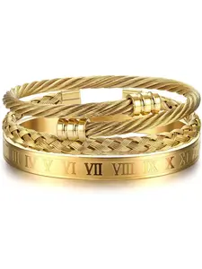 Totem 3 Pcs Golden Roman Script Bracelets Stainless Steel Bracelets for Men Women Roman Numeral Bangle Bracelets Adjustable Cuff Bracelet Twisted Cable Bracelet Luxury Bracelets Jewelry Set Exquisite Bracelet Metal Bracelet