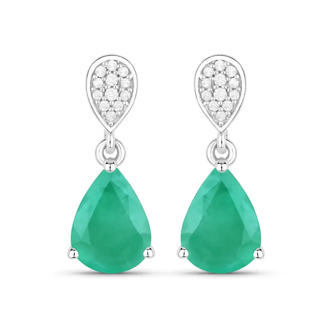 Pear Green Zambian Emerald Diamond Prong 10K Gold Teardrop Dangle Earrings