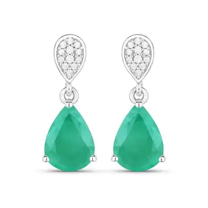Pear Green Zambian Emerald Diamond Prong 10K Gold Teardrop Dangle Earrings