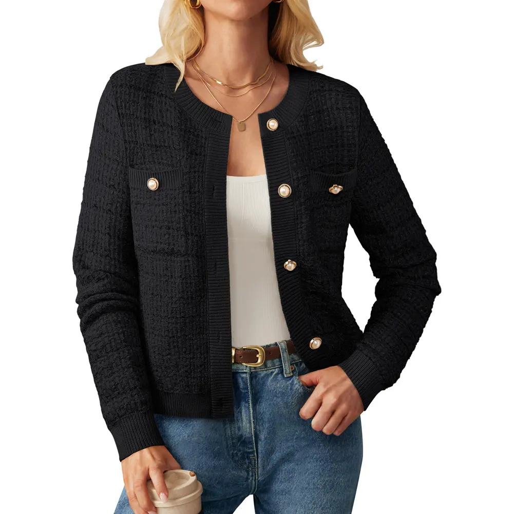 GRACE KARIN Women's Basic Classy Round Neck Open-Front Button-Down Long-Sleeve Soft Knit Textured Cardigan Sweater with Pockets, Polyester Blend Knitwear for Cozy Wear, Evening, Indoors, Wedding, Work Tops