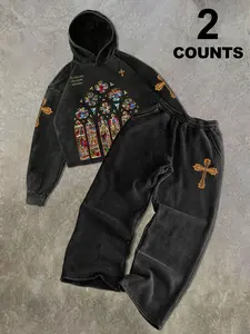 Hiphop Graphic Hoodie + Cross Pattern Straight Leg Pants Set, Unisex Streetwear Y2K Style, Pure Cotton, Comfortable Daily Wear