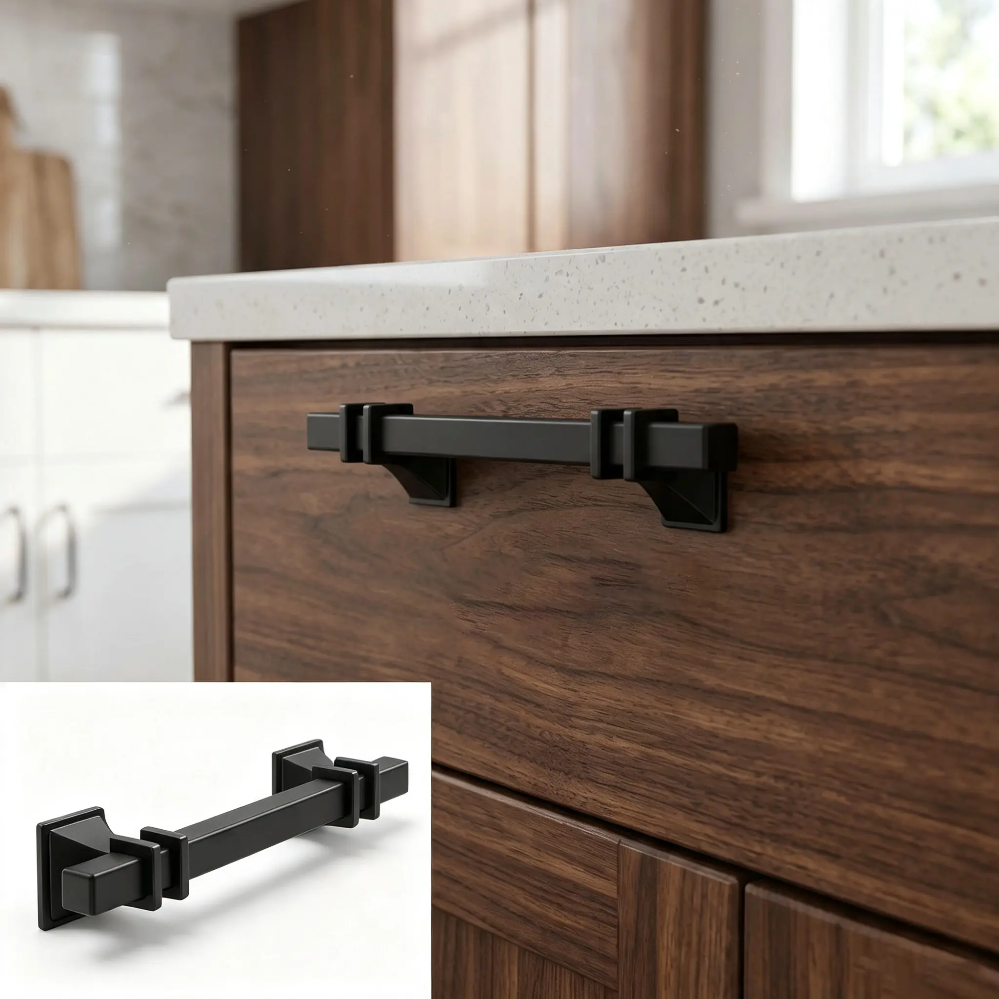 【IdealHouse】Matte Black Anti-Fingerprint Surface Cabinet Pull Set, 10-Pack Zinc Alloy Hardware - 5 in Modern Square Door Handles, 3 in Hole Centers for Kitchen Cabinets, Dressers, Bathroom Vanity