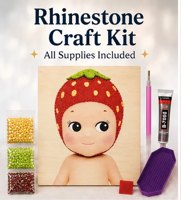 DIY Rhinestone Craft Kit – Strawberry Doll Design | All Supplies Included | Cute Gift for Crafters