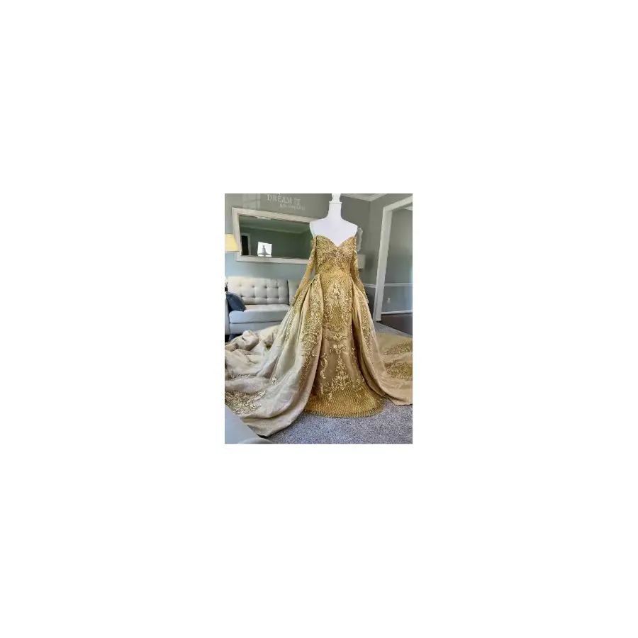Carlnika Golden Wedding Dress, 2 in 1 Gold Colored Wedding Dress with Removable Train, Custom  Wedding Dress with Removable Train