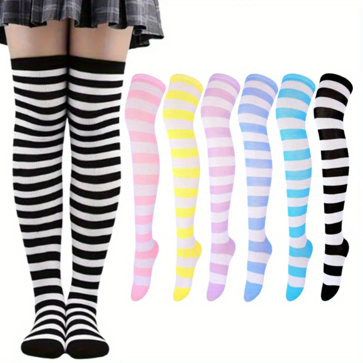 A Set of 6/3 Pairs Thigh High Socks,Over Knee High Stockings,Extra Long Leg Warmers for Women Mixed Candy Color Stripes,One Size,Halloween Christmas Party Gifts