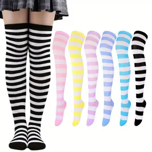 A Set of 6/3 Pairs Thigh High Socks,Over Knee High Stockings,Extra Long Leg Warmers for Women Mixed Candy Color Stripes,One Size,Halloween Christmas Party Gifts,Hand Tools Kits