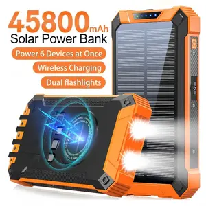 KNOXNEW45800 mAh Solar Charger Power Bank with 4 Cables 7 Outputs 15W Fast Charging Dual Flashlights Carabiner Thermometer for All Mobile Devices Micro USB