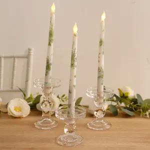 6-Pack 11" Battery-Operated Flameless LED Taper Candles, White & Sage Green French Toile Flickering Decor for Home Supplies Candle Holders