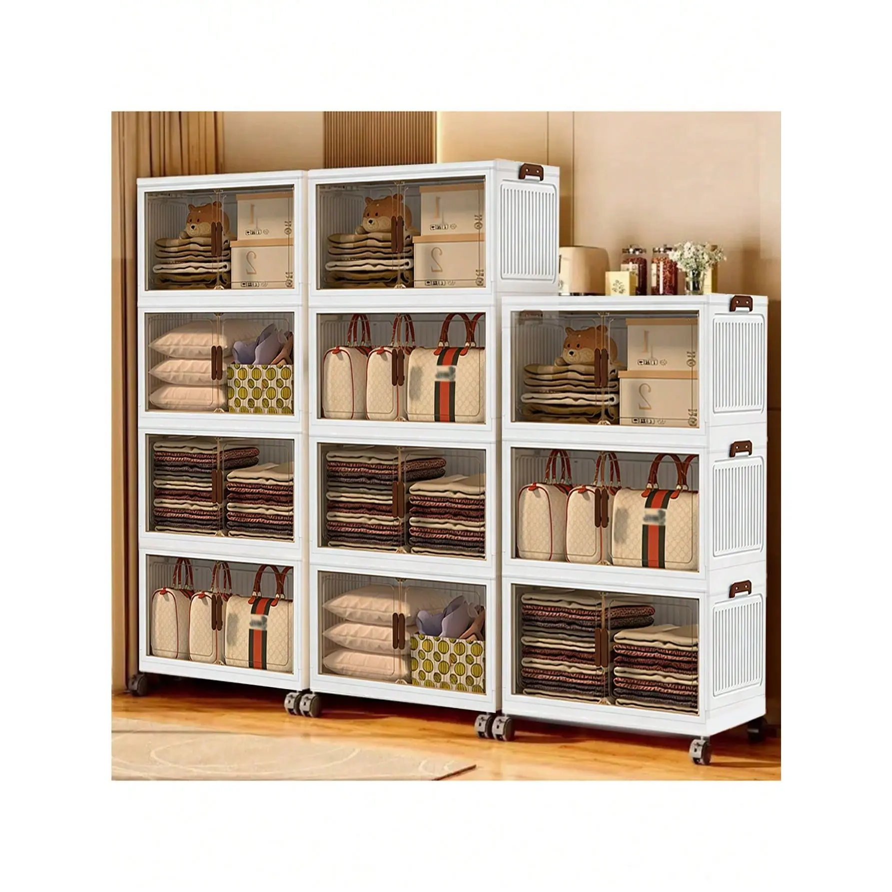 Classic Eco-Friendly Square Plastic Clip-On Stackable Storage Boxes with Lids - 2/3/4/5-Layer Wide Extra-Large Foldable Wheeled Containers, Bedroom Storage Organizer for Home, Office Closet