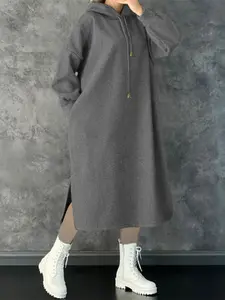 Women's Elegant Casual Hooded Sweatshirt Dress, Drawstring Design Adjustable Knee-Length, Long Sleeve, Spring Autumn Winter Wear, Stylish and Comfortable