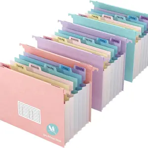 Expandable Hanging File Folder for File Cabinet, Document Organizer, 7 Pockets, 1.2 Inch Multi-Color Labels, Letter Size, 50% Straw, 3 Pack (pastel Colors)