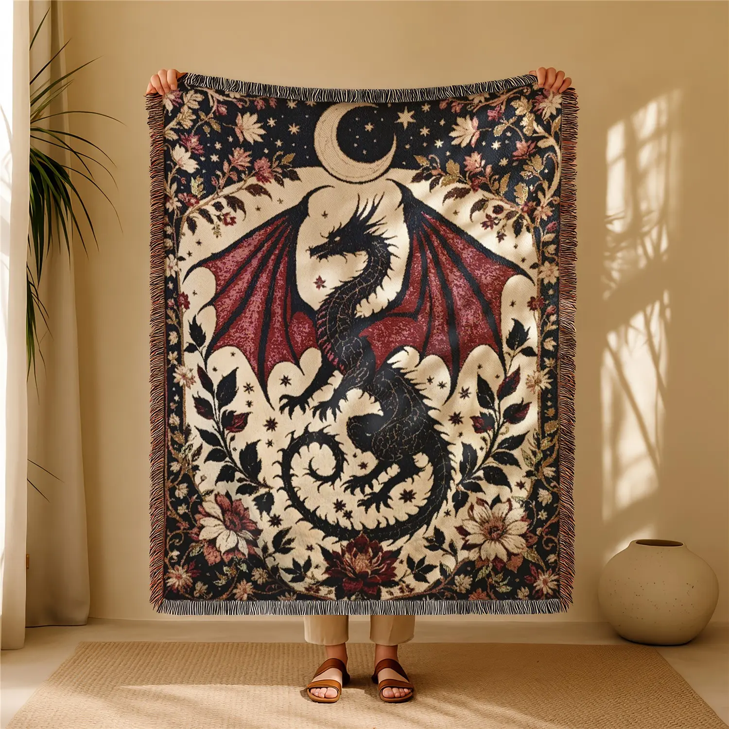 Red Dragon Bohemian Yarn Jacquard Woven Blanket, Boho Blanket, Blanket for couch, with Tassel Chunky Soft Not Printed, Wear-resistant Washable Easy To Care, No Faded No Pilling, Used for Home Decor Sofa Chair Bed Picnic Outdoor Camping
