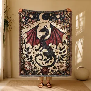 Red Dragon Bohemian Yarn Jacquard Woven Blanket, Boho Blanket, with Tassel Chunky Soft Not Printed, Wear-resistant Washable Easy To Care, No Faded No Pilling, Used for Home Decor Sofa Chair Bed Picnic Outdoor Camping