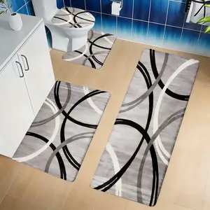 4pcs Grey & Black White Curved Pattern Flannel Bathroom Rug Set, Non-Slip Quick Absorbent Bath Mats, U-Shaped Toilet Accessories Cover, Reusable Washable Shower Floor Mat Set