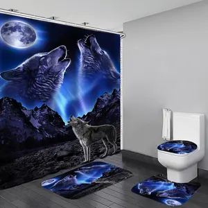 Wolf & Moon Pattern Bathroom Set, 4 Counts/set Including 1 Shower Curtain & 1 Bathroom Rug & 1 Toilet U-shape Mat & 1 Toilet Lid Cover Pad, Decorative Bathroom Accessories, Shower Curtain Sets, Bathroom Decoration Accessories