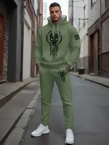 Trendy Skull Fringe Print Hoodie Set, Athleisure Sweatsuit, Casual Sportswear for Running & Outdoor Activities, Fitted Long Sleeve for Fall & Winter