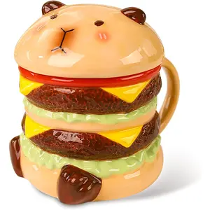 9 oz Funny Hamburger Ceramic Coffee Mug with Lid, Cute Yellow Cartoon Handmade Capybara Figurine Tea Cup Novelty Coffee Cup with Handle for Holiday Birthday Gifts for Burger Lovers