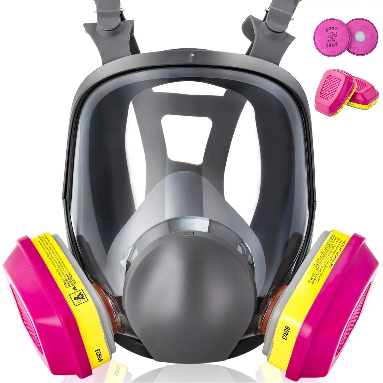 Reusable Full Face Respirator Face Mask with Large Lens, Speaking Diaphragm, Push-Button Seal Check for Painting, Sanding