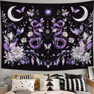 Purple Snake Tapestry Floral Moon Aesthetic Tapestries Boho Wall Art Witchy Hanging Decor Home Decoration for Bedroom Living Room Dorm 40"x60"