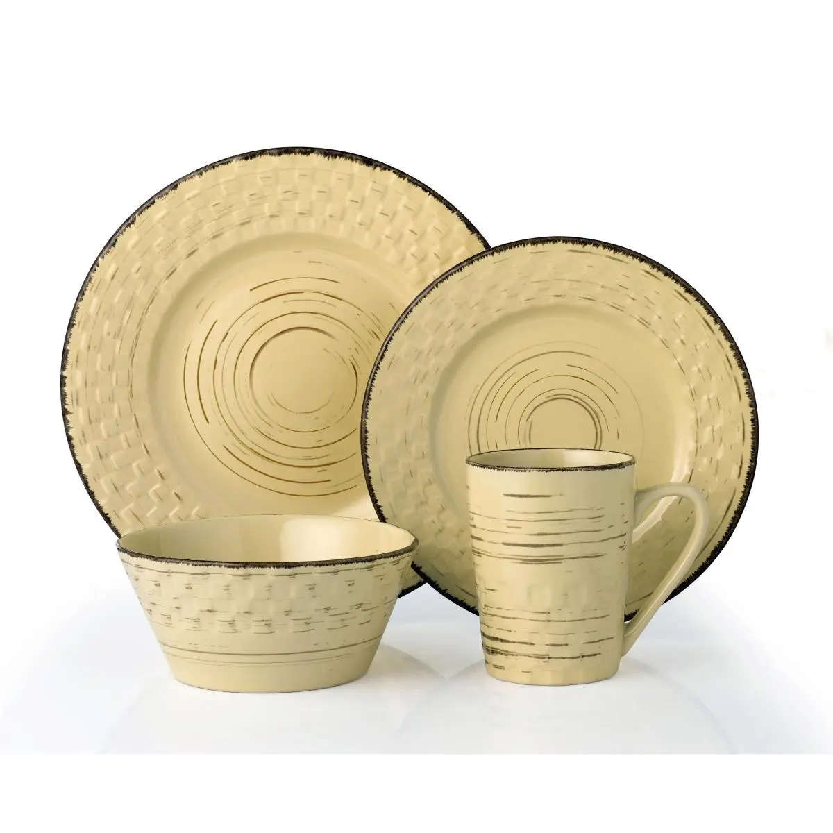 212 MAIN 16-Piece Distressed Weave Stoneware Tableware Set - Service for 4, Buttercup Color, Includes Mugs, Bowls, Dinner Plates