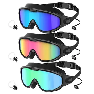 3 PCS Outdoor Swimming Goggles Set, Adult Large Frame Swim Glasses with Nose Clip and Earplugs, Unisex UV Protection Waterproof Anti-Fog