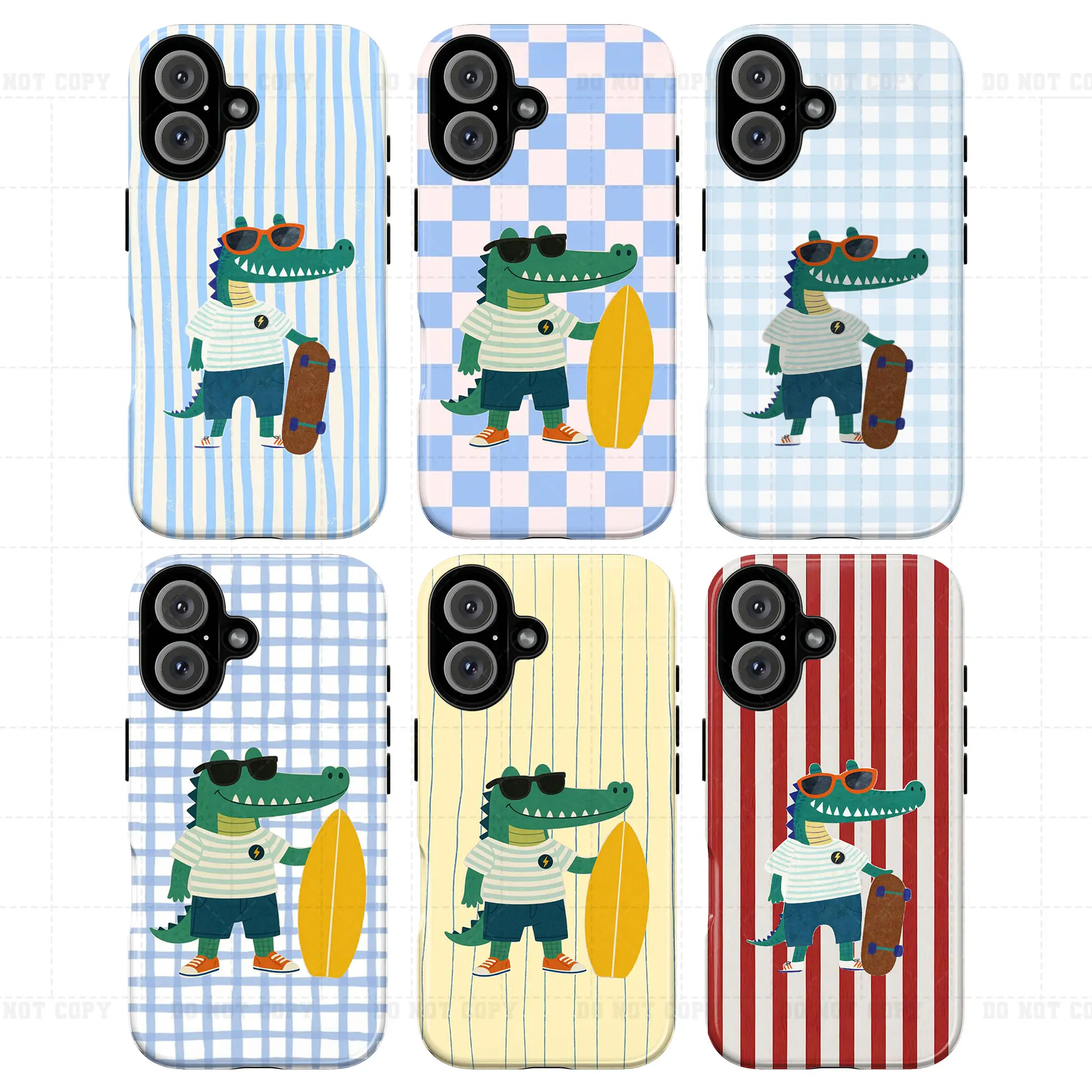 Cartoon Character Crocodile iPhone Case - Durable Polycarbonate Hybrid Shell, Shockproof, Crash-Proof, Impact-Absorb, Surfing-Skateboard Design, Colorful Stripes, Accessory, Gift for Him/Her, Compatible with iPhone 17 Series, 16,15,14,13,12,11 Pro Max