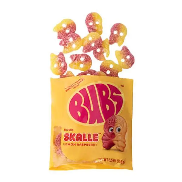 BUBS Sour Skalle Skull-Shape Foam Candy - Lemon Raspberry Flavor, Bold Bright Sour Swedish Snack, Sweet Treat