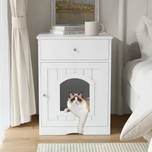Petso Wooden Pet House Cat Litter Box Enclosure with Drawer, Side Table, Indoor Pet Crate, Cat Home Nightstand (White)