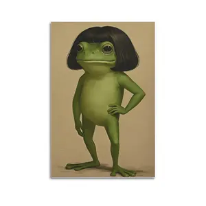 Whimsical Bob Haircut Frog Portrait Canvas Wall Art Poster, Minimalist Funny Green Animal Hanging Painting, Black Framed & Unframed Canvas Print, Quirky Unique Decor Gift for Frog Lovers Kids Playroom