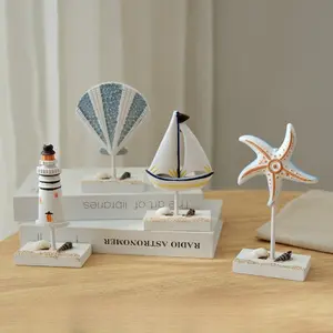 New Mediterranean Home Decor Blue and White Wooden Seahorse Fish Starfish Lighthouse Multiple Patterns Small Ornaments Figurine Decor Decoration Decorative Sculptures