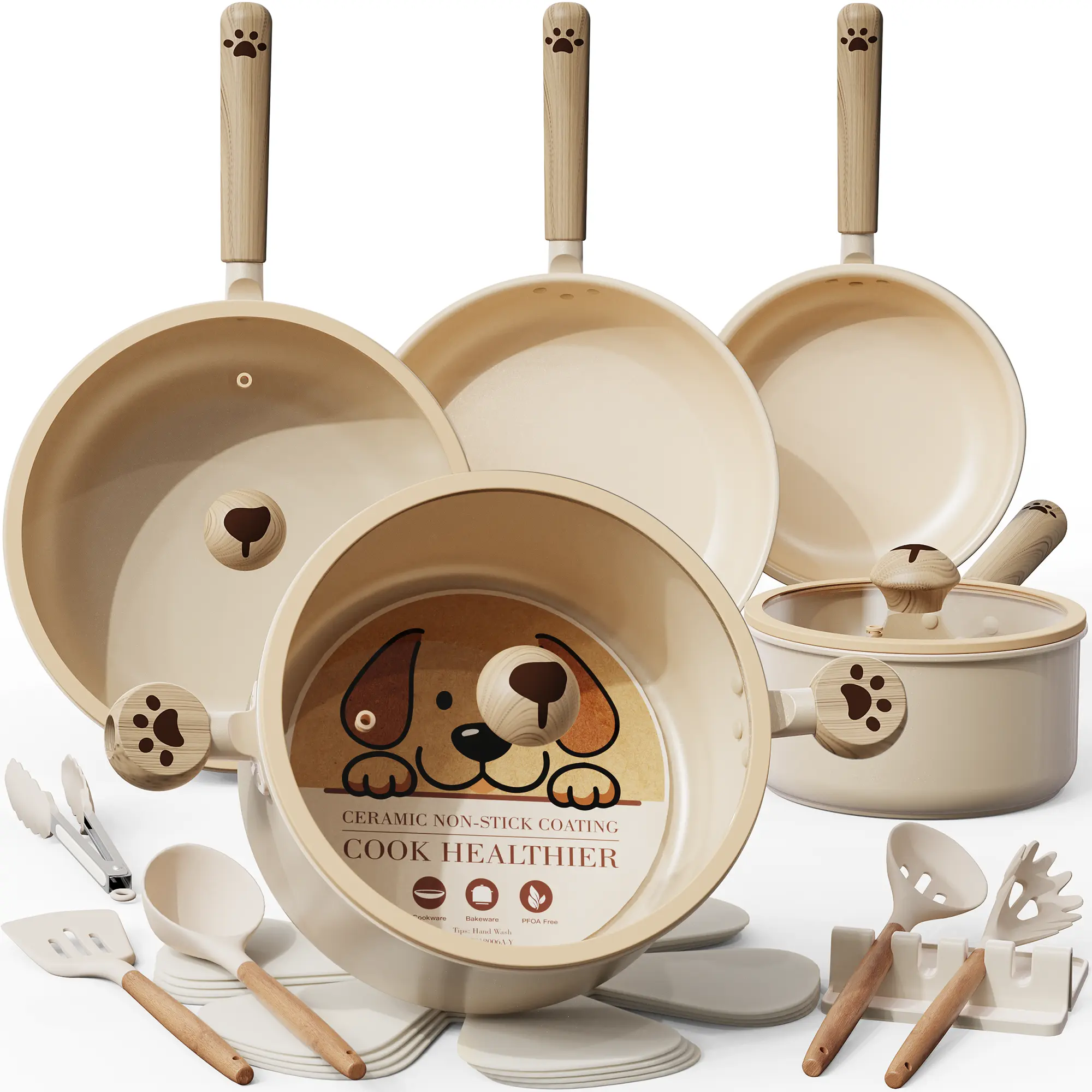 Astercook 17-Pc Non-Stick Ceramic Pots and Pans Set, Induction-Compatible, Non-Toxic Dog Paw Design Cookware with Frying Pans (PFAS, PTFE, PFOA, PFOS-Free)
