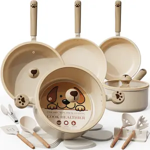 Astercook Ceramic Pots and Pans Set Non Stick 17 Pcs Induction Kitchen Cookware Sets NON TOXIC Healthy Kitchen Cooking Set with Frying Pans Set and Dog Paw Design（PFAS PTFE PFOA PFOS Free）