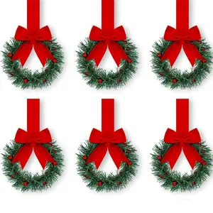 6-Pack Christmas Mini Window Wreaths with Ribbon Bows & Red Berries - Small Cabinet Hangers, Farmhouse Style Kitchen Door Decor for Christmas Party Arrangements, Christmas Ornaments