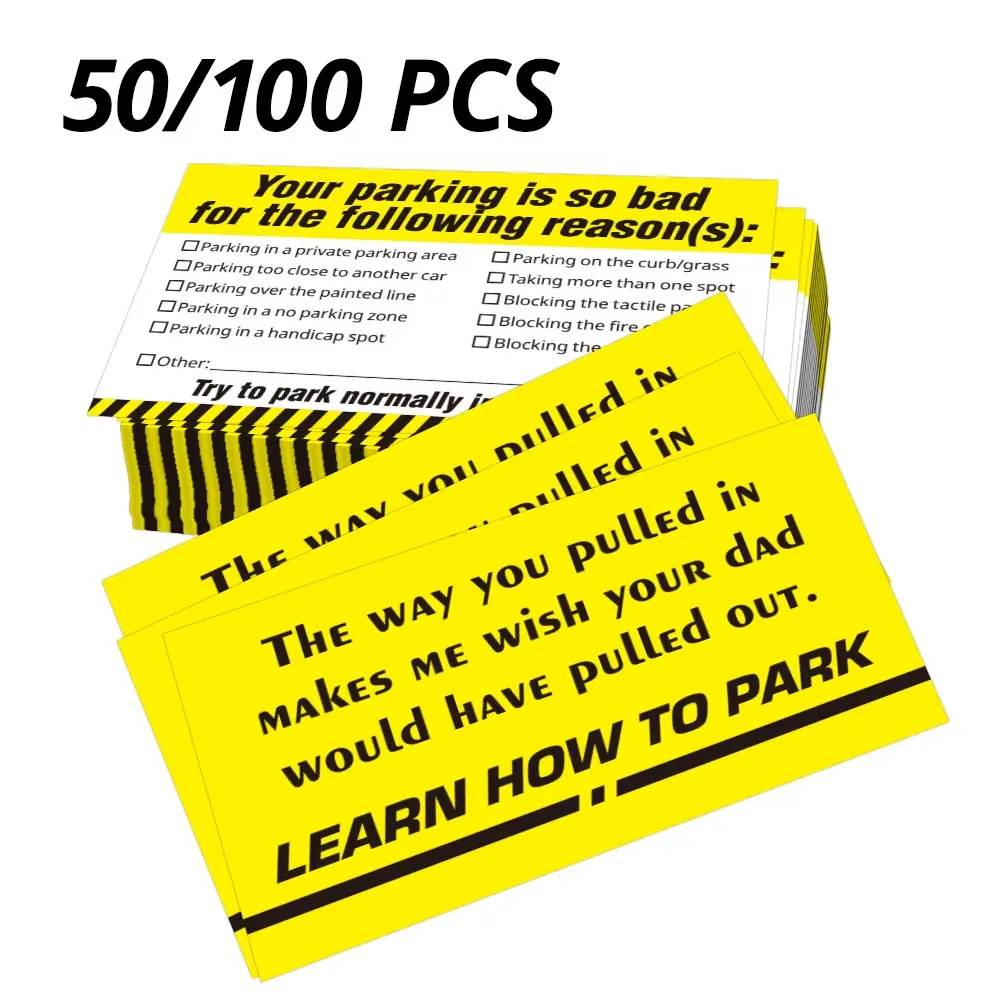 Funny Parking Reminder Cards, 50/100pcs Warning Tags for Bad Parkers, 9x5.4cm/3.5x2.1inch, Car Stickers for Malicious Parking, Decal for Cars, Car Decals