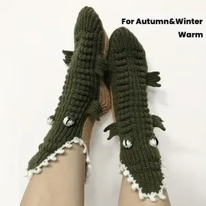 Cartoon Christmas Knitted Crocodile Socks with Ins-Style Design | New Arrival Big-Eyed Crocodile Slipper Socks | Mid-Calf Woolen Socks for Home & Floor