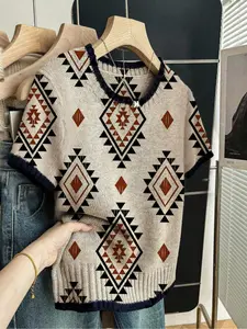 Vintage Geometric Print Round Neck Sweater, Casual Short Sleeve Knitwear for Spring Summer Fall, Comfortable Warm Women's Clothing