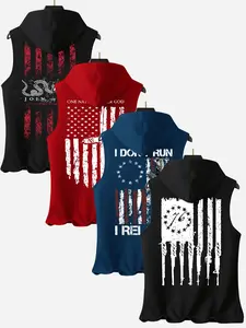 Men's 4 Pack Flag Series Graphic Print Hooded Sleeveless T-Shirts, Casual Comfortable Hoodie Vests for Summer Outdoor Fitness