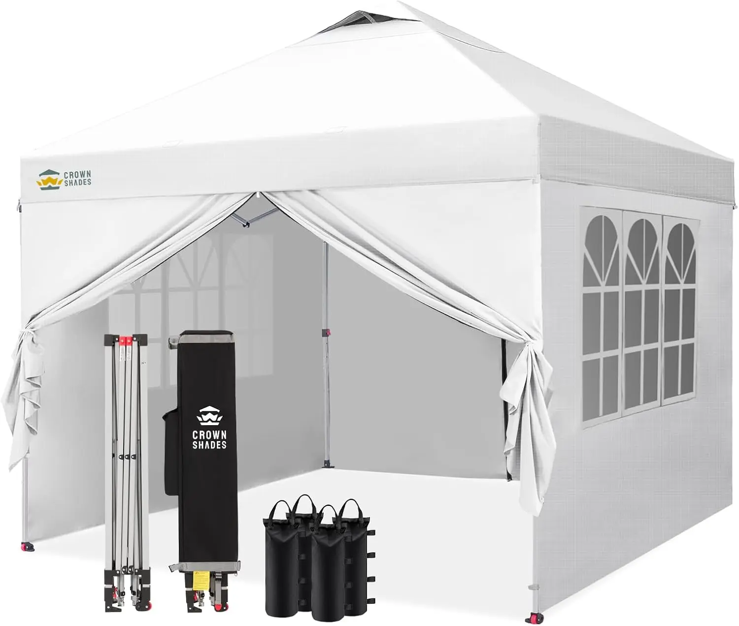 CROWN SHADES 10X10 Portable Pop Up Canopy Sunshade - Outdoor Parasol Camping Tent, 150D Silver-Coated Fabric, 4 Sidewalls, 4 Sand Bags, Metal Frame, White - Rain and Sun Shelters & Gazebos, Portable Shade Shelters & Gazebos