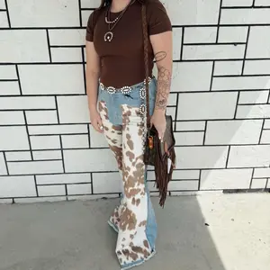 Cowprint Flared Jeans with Distressed Look and Fringe Detail for Women's Fashion