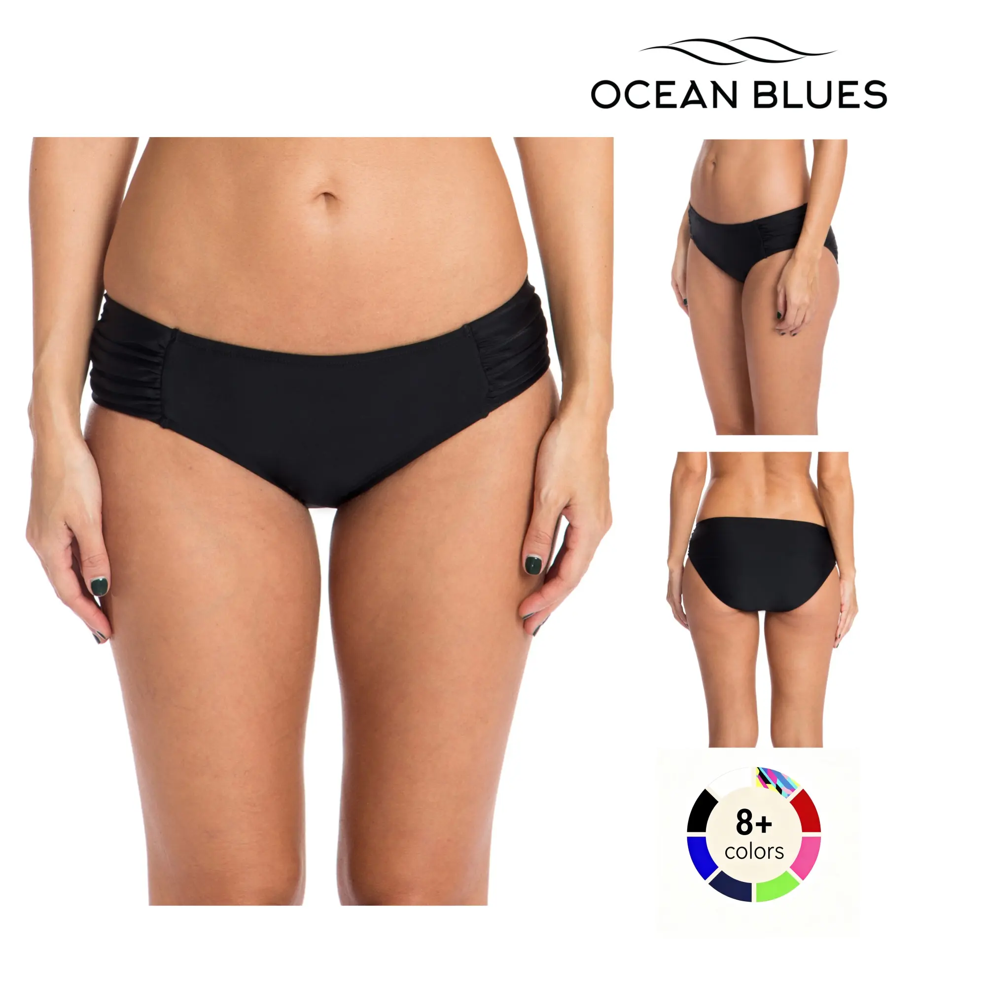 Women's Ocean Blues Ruched Side Detailing Full Coverage Bathing Suit Bottoms - Soft, Stretchy Swimsuit Bottoms for Beach, Mix-Match Tops Compatible Swimwear