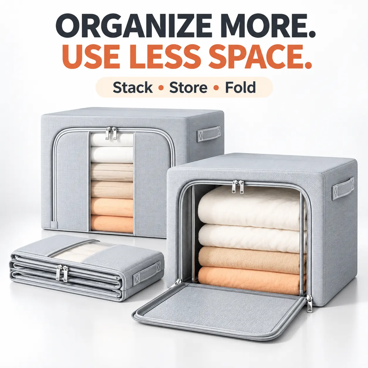 Stackable Storage Bins with Clear Window, Foldable Fabric Closet Organizers with Front Zipper Access, Metal Frame and Side Handles for Clothes, Blankets and Toys