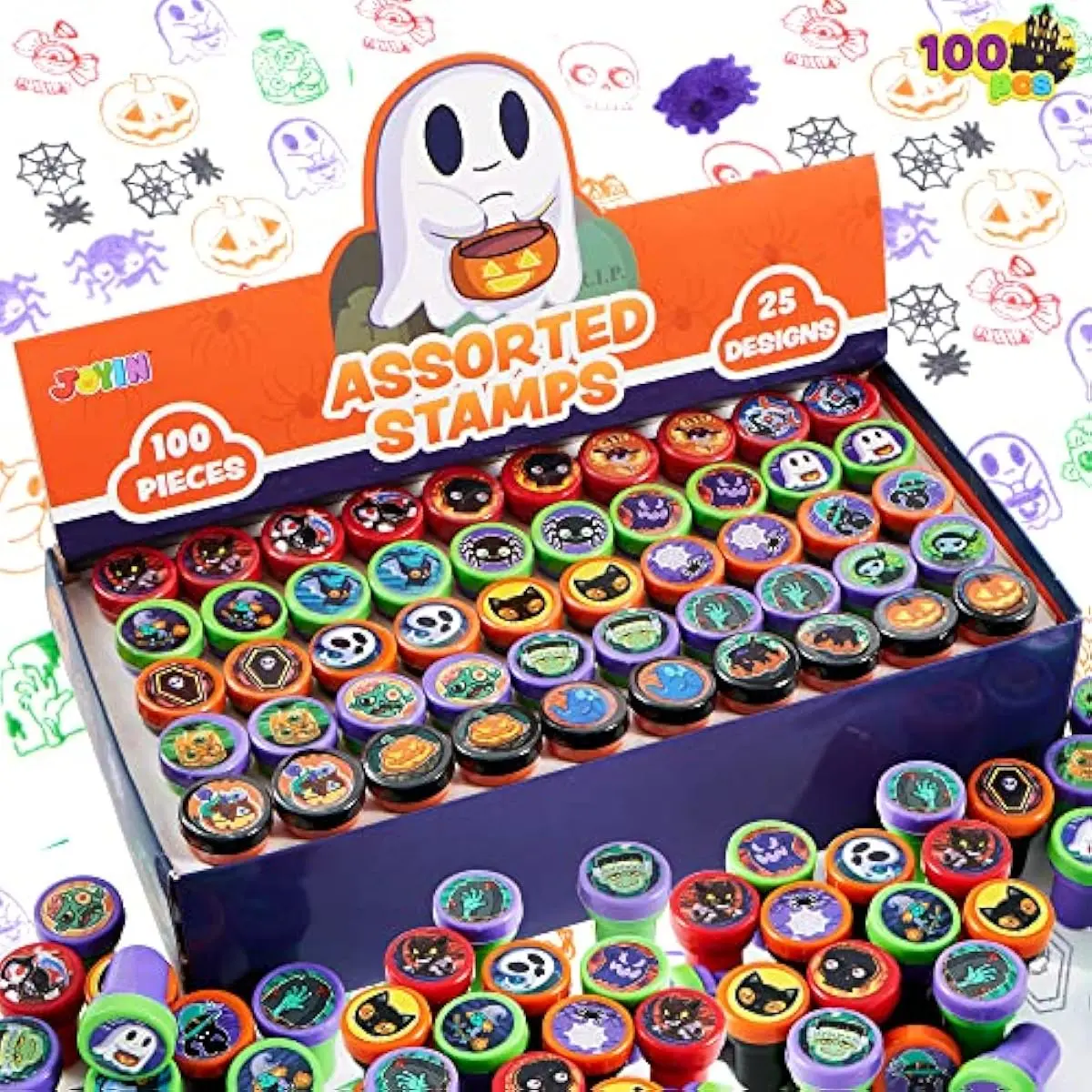 100 PCS Halloween Stamps for Kids Gift, 25 Designs Assorted Self-Ink Stamps, Trick or Treat Party Favors Supplies Stampers, Goodie Bag Stuffers, School Carnival Game Prizes