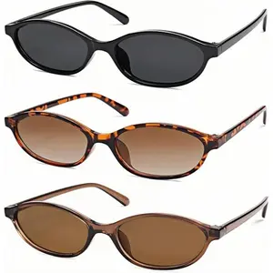 Women's 3 PCS Retro Oval Cat Eye Sunglasses, 90s Lightweight Narrow Shades, UV Protection, Trendy Vintage Rich Girl Summer Eyewear