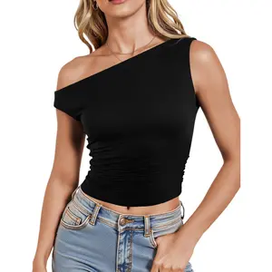 Women's Lady Basic Off-The-Shoulder Double-Lined Crop Blouse, Trendy Sleeveless Summer Going-Out Tank Top Fashion Clothes