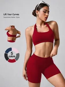 Women's Tracksuit Set Solid Ruched Design Backless Halter Top & High Waist Shorts Sporty Breathable Comfortable Two-piece Outfits Sportswear All Seasons for Yoga Gym Workout Running Yoga Clothes Set Sportswear