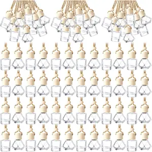 BBTO 200 Pcs Hanging Car Diffuser Bottle Bulk Empty Clear Glass Perfume Bottles Air Freshener Pendant for Essential Oils Fragrance Aromatherapy Car Interior (Diamond, Cylinder)