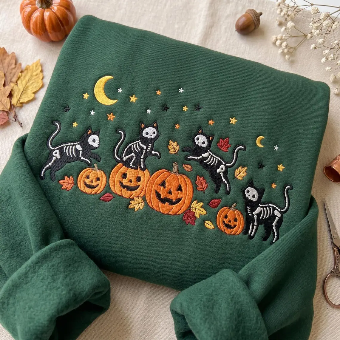 Embroidered Halloween Black Skeleton Cat Sweatshirt, Creepy Fall Pumpkin Crewneck, Cozy Halloween Hoodie, Cute Autumn Tee, Cat Lover Gift