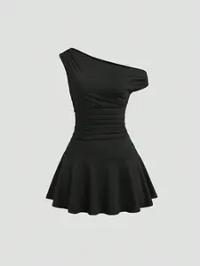 Elegant Asymmetrical Neck Mini Dress for Women, Solid Color Commuter Dress, Stylish and Comfortable, Perfect for Office and Casual Wear